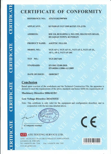 China KUNSHAN YGT IMP.&amp;EXP. CO.,LTD Certification